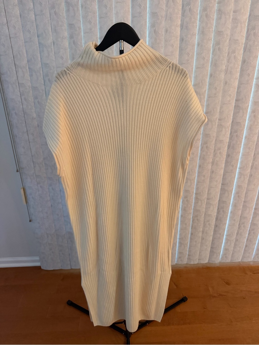 Cream Ribbed Knit Sleeveless Turtleneck Sweater Dress